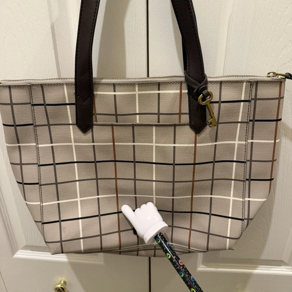 Fossil Sydney Large Tote Bag Gray Black Brown Plaid Windowpane PVC 17x12x4 - Picture 5 of 12